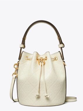 Tory Burch Cream Embossed Leather Drawstring Bucket Bag with Gold Hardware